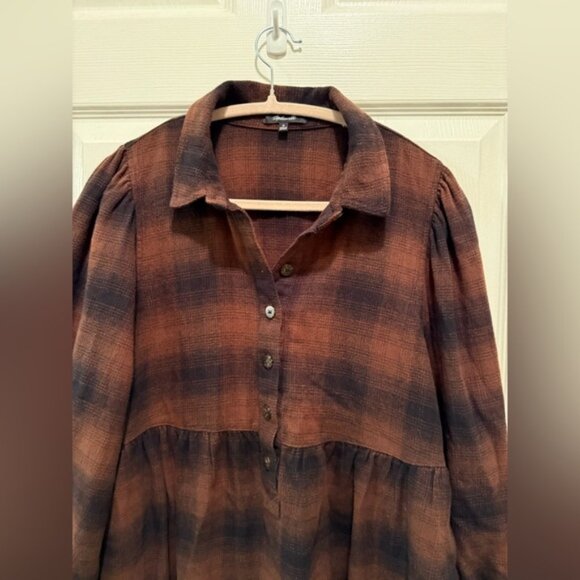 Madewell Brown & black Plaid 3/4 Sleeve tunic /Dress Medium pockets 100% cotton - Picture 2 of 8